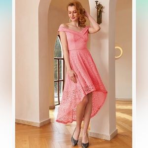 HomRain Women's Elegant Floral Lace Dress Off The Shoulder High Low‎ Coral